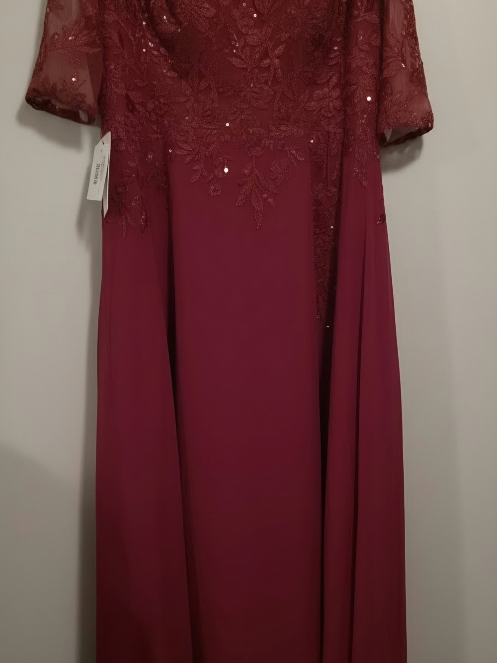 JJs House Burgundy Lace Long Sleeve Evening Gown